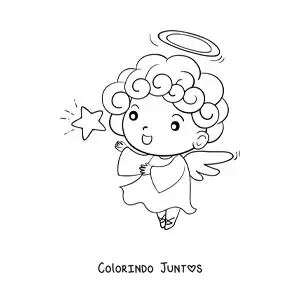 Desenho para colorir de menino anjo animado voando com estrela