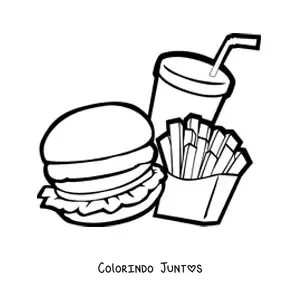 Desenho para colorir de um hamburguer com batata frita e refrigerante animado