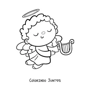 Desenho para colorir de menino anjo animado voando com harpa