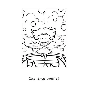 Desenho para colorir de um anjo em desenho com as asas abertas