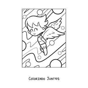 Desenho para colorir de um anjo em desenho voando no céu
