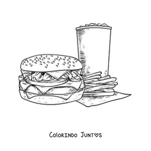 Desenho para colorir de um hamburguer com batata frita e refrigerante realista