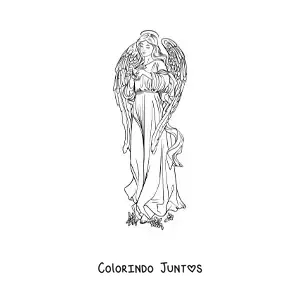 Desenho para colorir de anjo feminino realista com flores e uma pomba