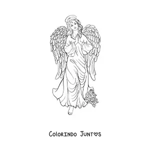 Desenho para colorir de anjo feminino realista com flores