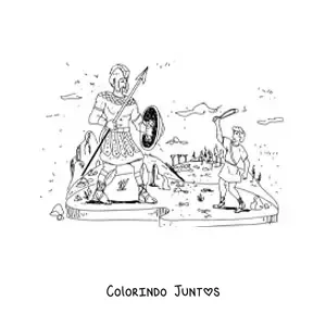 Desenho para colorir de Davi lutando contra o gigante Golias da Bíblia