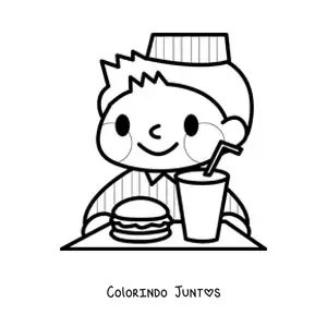 Desenho para colorir de um funcionario de uma hamburgueria com hamburguer e refrigerante