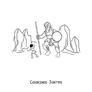 Desenho para colorir de homem lutando contra um gigante
