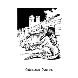 Desenho para colorir de gigante dormindo ao lado de um dragão