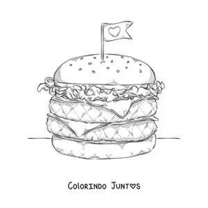 Desenho para colorir de um hamburguer duplo com uma bandeirinha de coracao