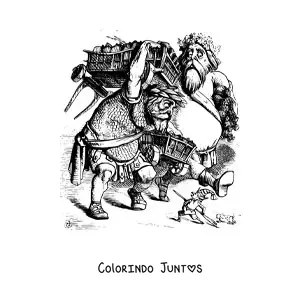 Desenho para colorir de gigantes caminhando ao lado de um homem