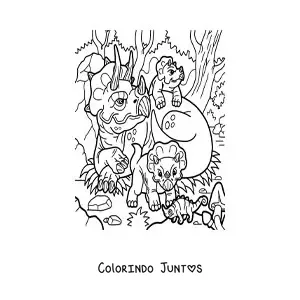 Desenho para colorir de mamãe triceratops com seus bebês na selva