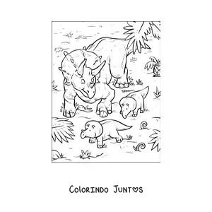Desenho para colorir de triceratops com seus bebês em seu habitat natural