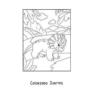 Desenho para colorir de triceratops em desenho animado em seu habitat