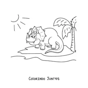 Desenho para colorir de triceratops animado sorrindo em seu habitat