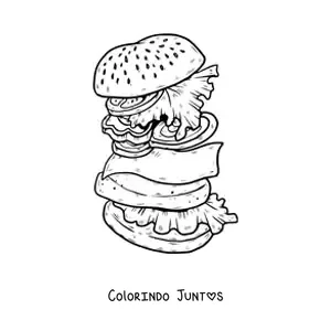Desenho para colorir de um hamburguer desmontado com alface, tomate, queijo e carne