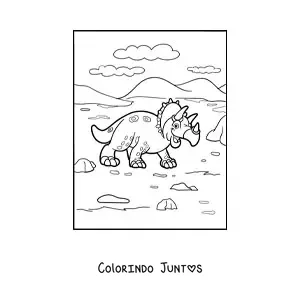 Desenho para colorir de triceratops animado caminhando em seu habitat