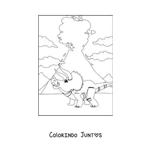 Desenho para colorir de triceratops em frente a um vulcão