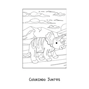 Desenho para colorir de triceratops fofo em seu habitat