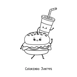 Desenho para colorir de um hamburguer caminhando com um refrigerante em cima animado
