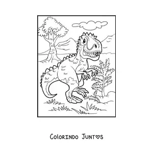 Desenho para colorir de tiranossauro rex grande animado em seu habitat