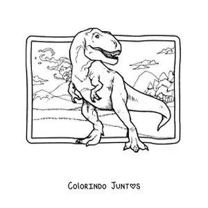Desenho para colorir de tiranossauro rex realista em seu habitat