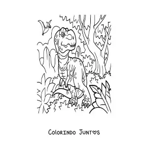 Desenho para colorir de tiranossauro rex animado em seu habitat