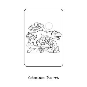 Desenho para colorir de tiranossauro rex animado em seu habitat