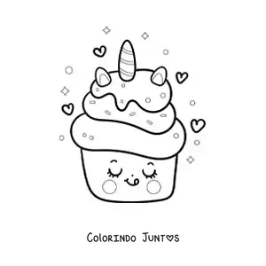 Desenho para colorir de um cupcake de unicornio kawaii com coracoes