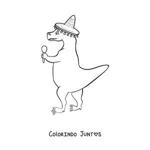 Desenho para colorir de tiranossauro rex animado com chapéu mexicano
