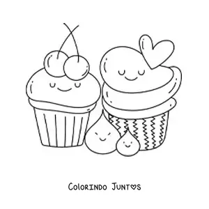 Desenho para colorir de dois cupcakes kawaii com cerejas e um coracao