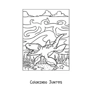 Desenho para colorir de dinossauro aquático bebê animado em seu habitat