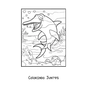 Desenho para colorir de dinossauro aquático animado em seu habitat