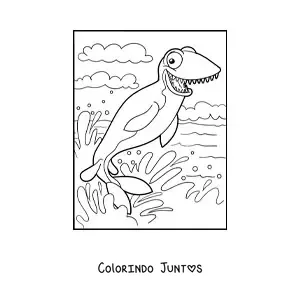 Desenho para colorir de dinossauro marinho animado nadando