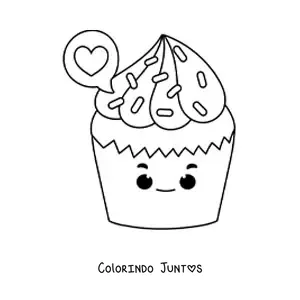 Desenho para colorir de um cupcake kawaii com um coracao