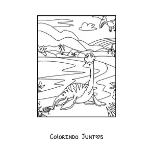 Desenho para colorir de dinossauro aquático de pescoço longo animado em seu habitat