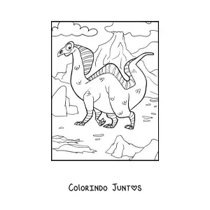 Desenho para colorir de dinossauro terrestre grande em frente a um vulcão