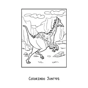 Desenho para colorir de dinossauro terrestre com penas em um cânion
