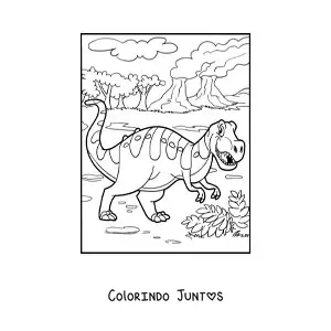 Desenho para colorir de dinossauro terrestre com paisagem jurássica