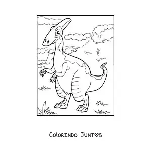Desenho para colorir de dinossauro terrestre animado em uma paisagem natural