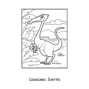 Desenho para colorir de dinossauro terrestre bípede ao lado de um rio