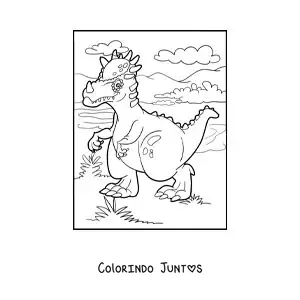 Desenho para colorir de dinossauro terrestre pequeno caminhando em seu habitat