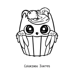 Desenho para colorir de um cupcake de coruja kawaii com uma cereja