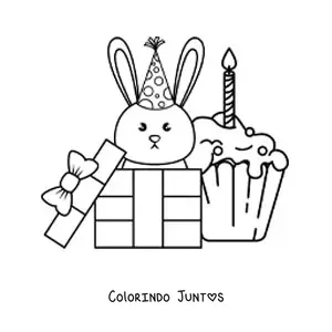 Desenho para colorir de um coelho kawaii com um cupcake de aniversario e uma caixa de presente