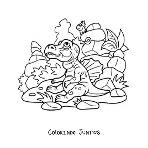 Desenho para colorir de dinossauro bebê caminhando em seu habitat