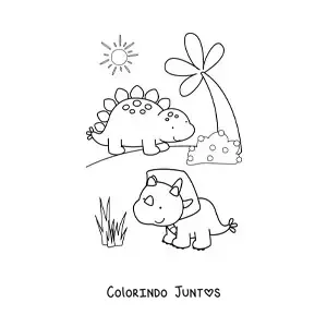 Desenho para colorir de dinossauros bebês bonitos em seu habitat