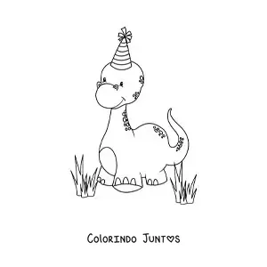 Desenho para colorir de dinossauros bebês bonitos de pescoço longo com chapéu de aniversário