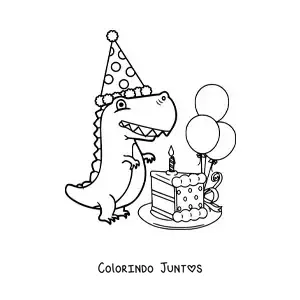 Desenho para colorir de dinossauro bebê tiranossauro com bolo de aniversário