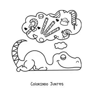 Desenho para colorir de dinossauro bebê animado adormecido sonhando com doces