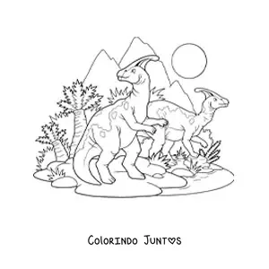 Desenho para colorir de dinossauros herbívoros juntos em seu habitat