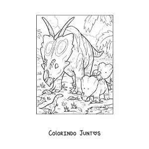 Desenho para colorir de pachyrhinosaurus herbívoro animado com seus filhotes